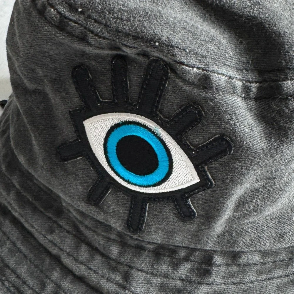 Evil Eye Embroidered Beaded Fringe Denim Bucket Hat Washed Black Boho Goth